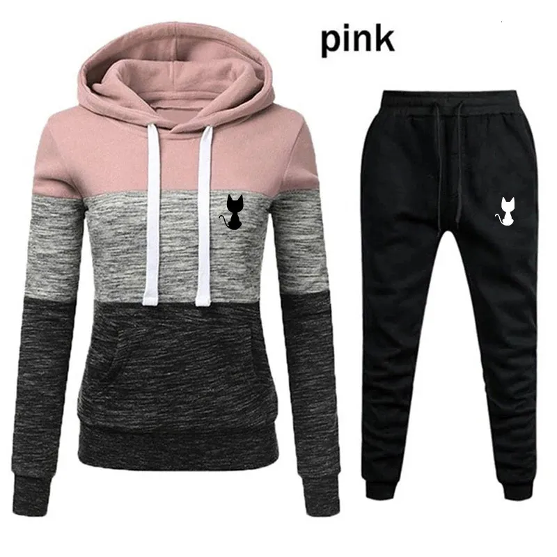 Katze Druck Frauen Patchwork Hoodies Jogginghose Mode Casual Sport 2 Stück Set Frühling Herbst Weibliche Trainingsanzug S-4XL 240123