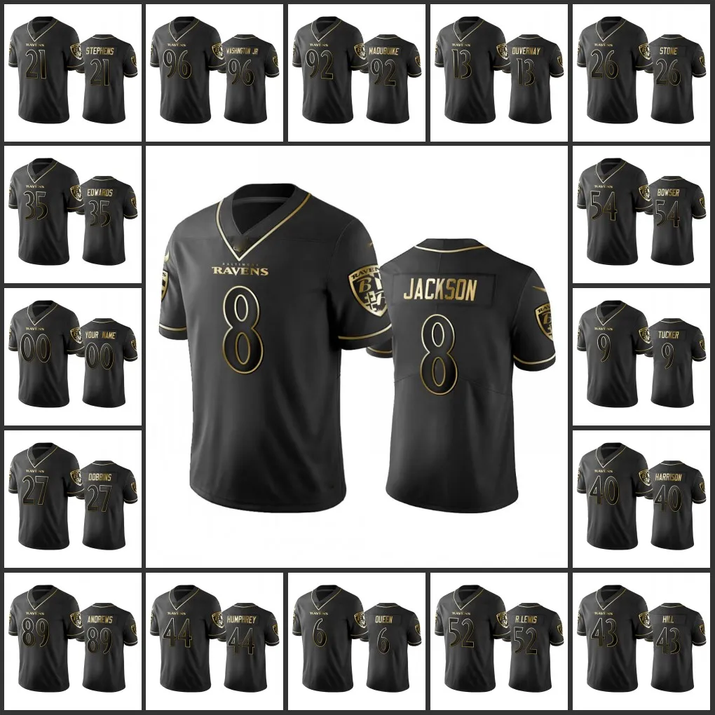 Baltimore''Ravens''Men #8 Lamar Jackson 6 Patrick Queen 21 Brandon Stephens 27 J.K. Dobbins Women Youth Black Golden Edition Custom Vapor Limited Jersey