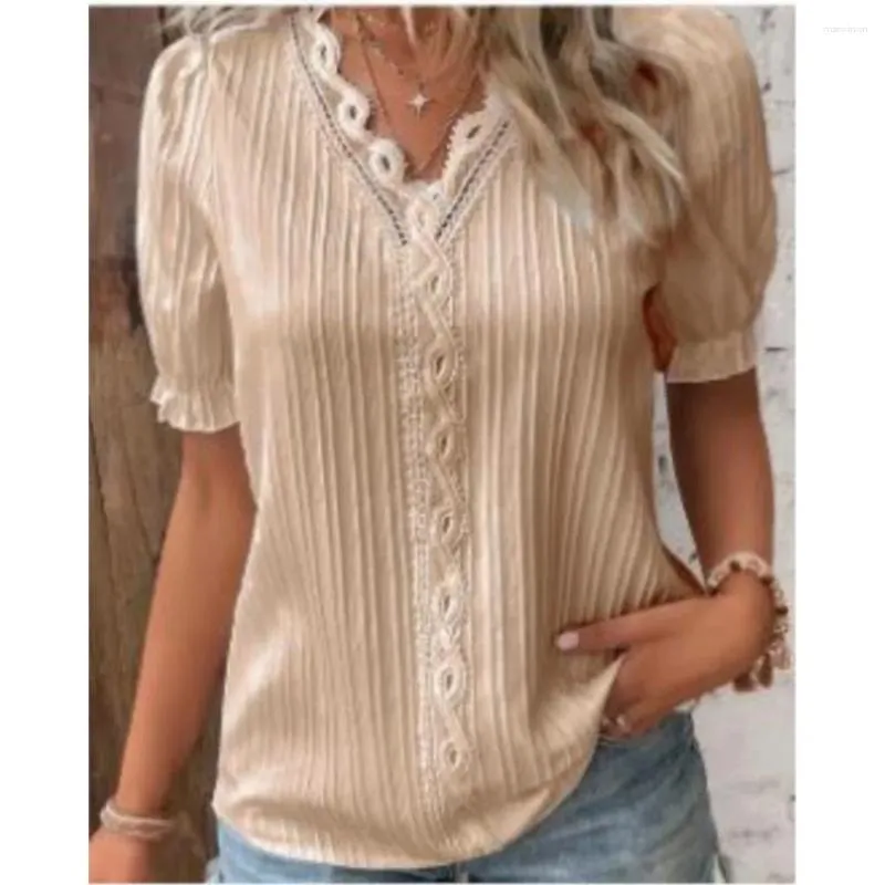 Women's Blouses Casual Blouse Summer Vacation Fashion Hollow Short Sleeve Shirt Lace Panel V-Neck Pullover Shirts Femme