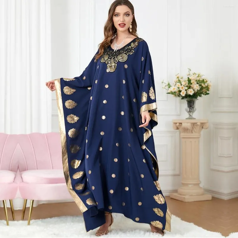 Ethnic Clothing Middle East Saudi Arabian Muslim Fashion Apparel Blue Stamped Print Bat Sleeves Loose Islamic Dress