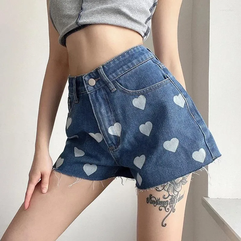 Womens Jeans 2024 Summer Pants Love Printing Wide-leg Denim Shorts High-waist Slim Slimming Casual Women Clothing