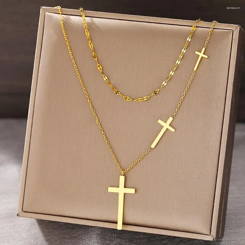 Naszyjniki wiszące stal nierdzewna krzyż krzyżowy łańcuch wielowarstwowy podwójnie uruchamiany lekki luksusowy delikatny naszyjnik dla kobiet biżuteria