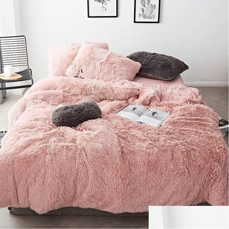 Set di biancheria da letto Tessuto in pile bianco rosa Inverno spesso 20 Set di biancheria da letto in puro colore Visone Veet Piumino Er Lenzuolo Federe in lino Drop Deliv Dhfv6