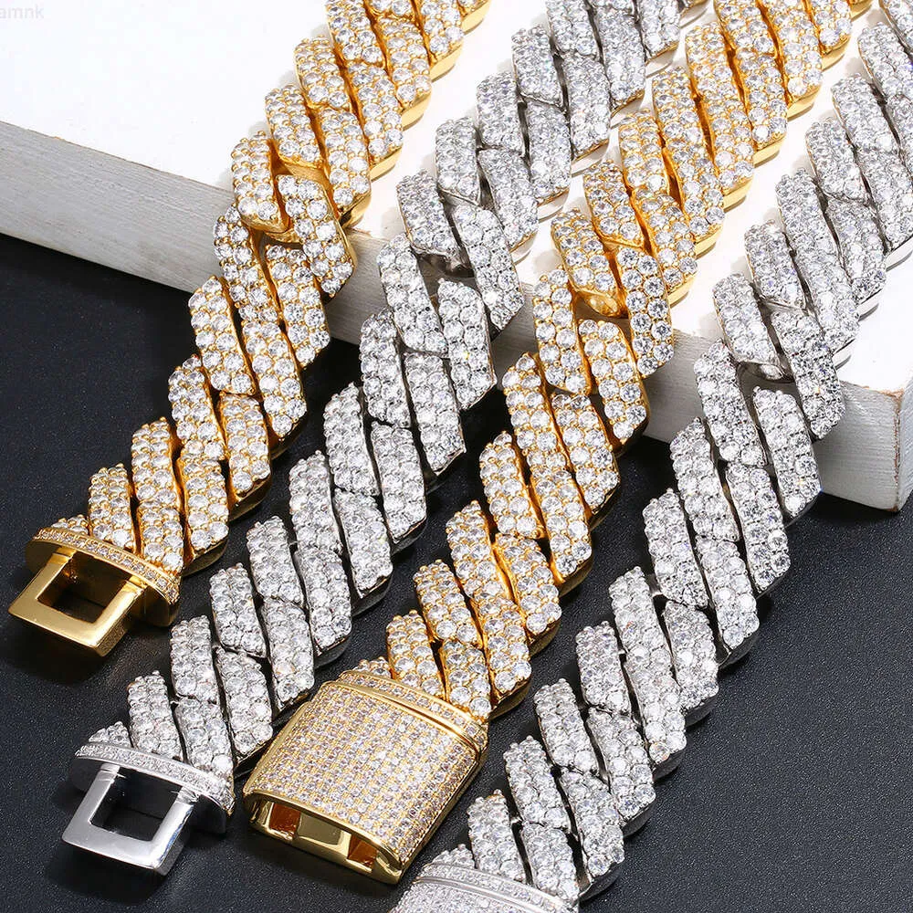Mode höft smycken guldpläterad mässing 20mm prong inställning 5a cz is ut kubansk länkkedjan choker halsband för män