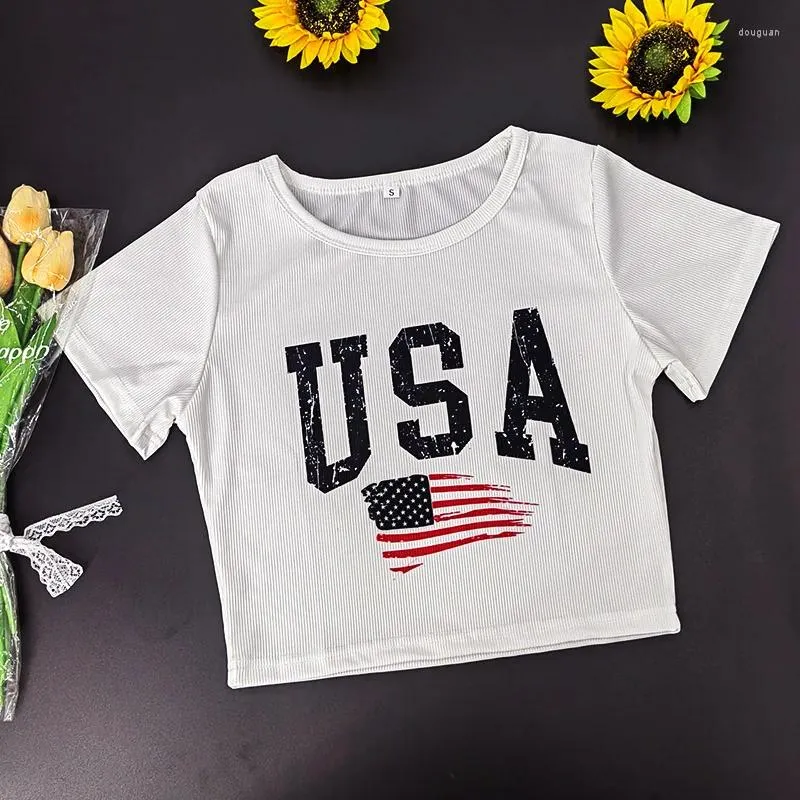 Damen T-Shirts USA Amerikanische Flagge Muster Druck T-Shirt Vintage Harajuku Slim Kurzarm Crop Top Streetwear Damen Kleidung Y2k Sexy Baby