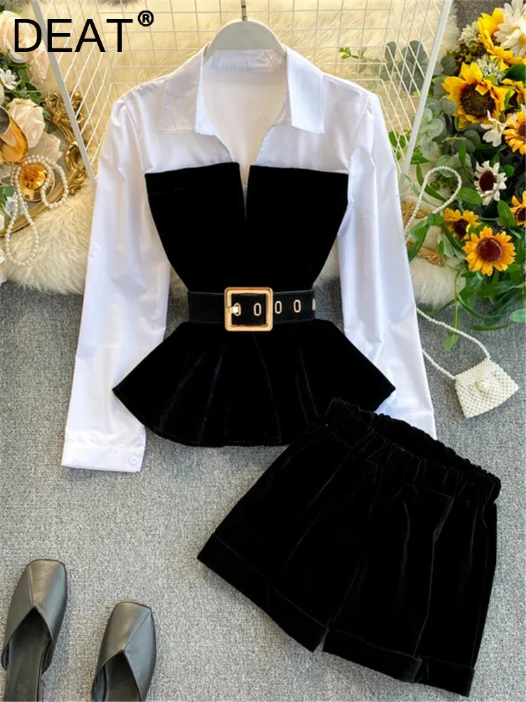 DEAT Spring Long Sleeve Patchwork Velvet Size Small Tops With Belt High Waist Shorts Two Piece Set Women MH334 240125