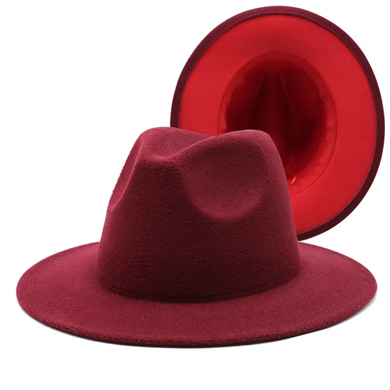 2021 Red Green Patchwork Women Unisex Panama Wool Felt Fedora Hats Ladies Wide Brim Party Trilby  Hat Fashion Jazz Cap
