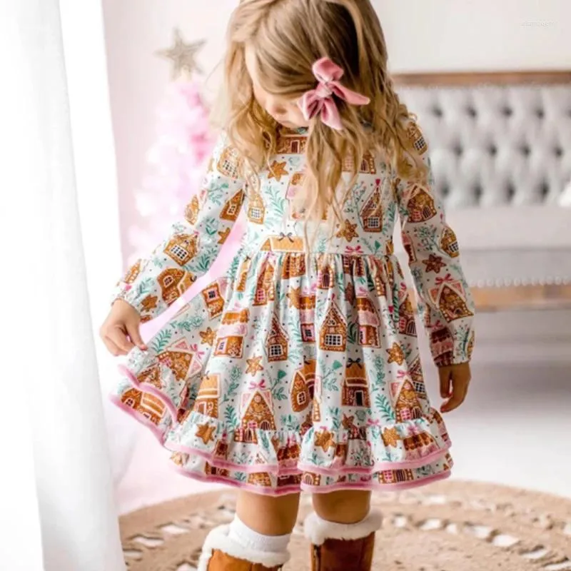 Girl Dresses FOCUSNORM 3-7Y Toddler Kid Christmas Dress Cartoon Cake Print Long Sleeve Round Neck A-Line Layered