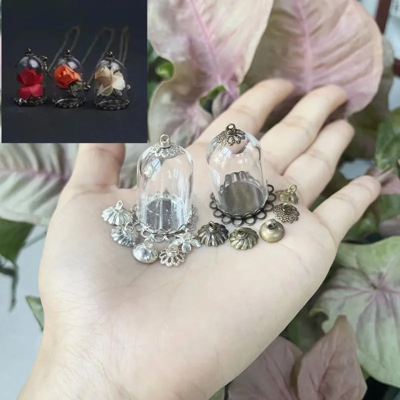 Bottles 30/50/100X 25x18mm Hollow Glass Tube With Double Lace Base Beads Cap Vials Pendant Bottle Jewelry DIY Dollhouse Vase