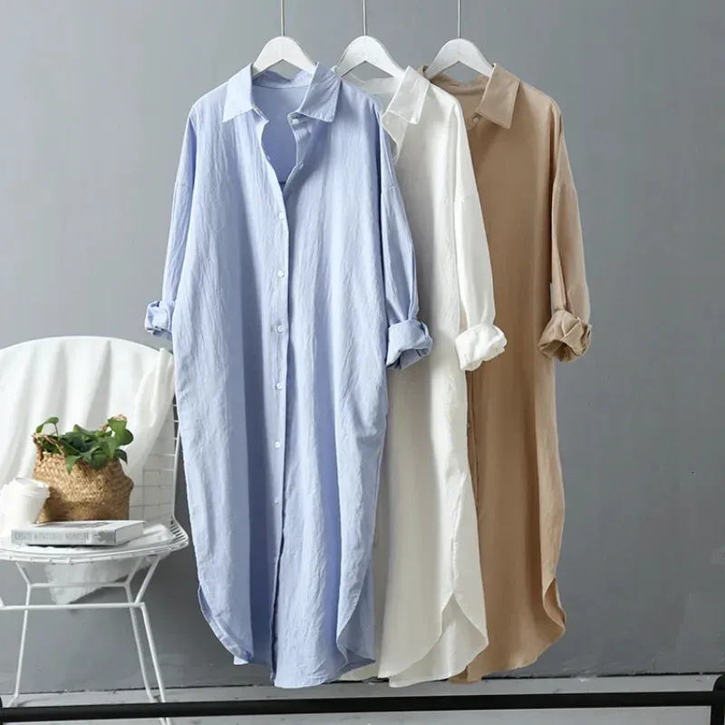 2024 Spring Casual Women's Blouses Korean Clothing Autumn Vintage Linen Cotton Mid-Length White Shirt Dress For Female Chic Tops 240122