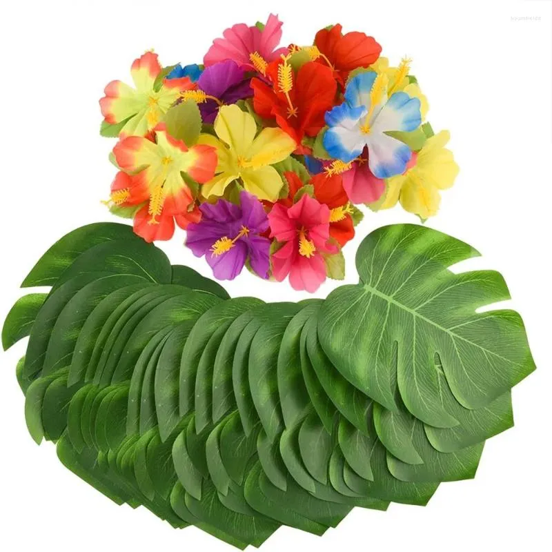装飾的な花トロピカルモンステラパームが去るハイビスカスフラワーハワイアンルアーパーティージャングルビーチテーブルデコレーションウェディングバースデー