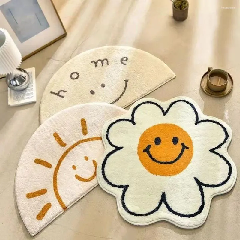 Tapis Tapis de fleur nordique Tapis de décor de dessin animé pour salon chambre à coucher zone de chevet sourire tapis de sol bain antidérapant