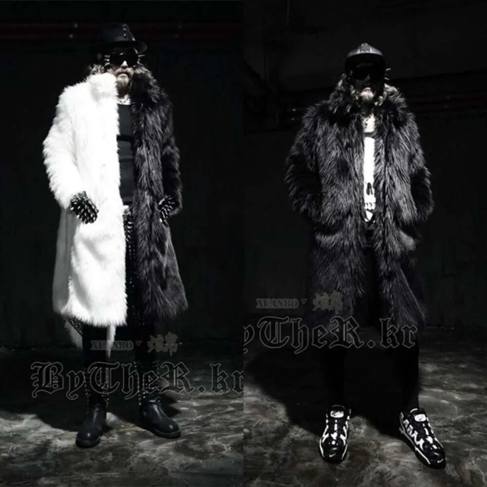 Winter Designer Mens Imitation Fur Long Windbreaker Fashion Wool Black and White Color Matching Coat ORHN