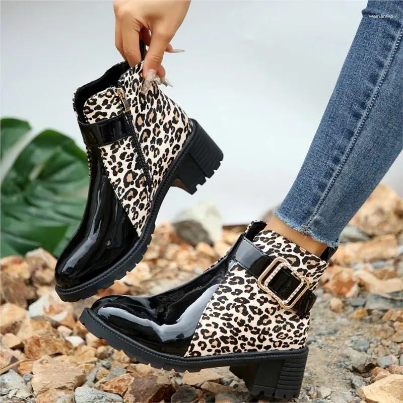 Boots Big Size Leopard Print Women Winter Round Head Belt Buckle Short High Heel Naked C1350