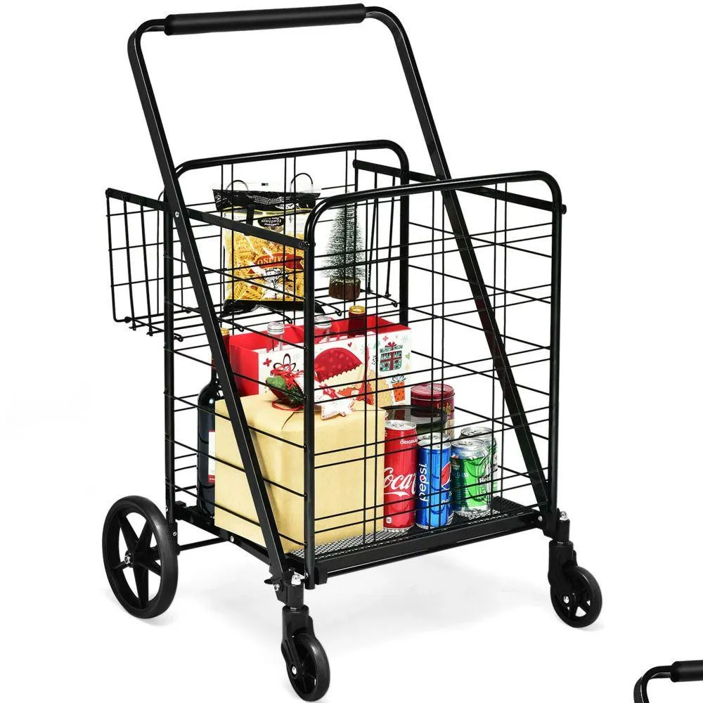 Aufbewahrungskörbe 330 Pfund Heavy Duty Folding Shop Cart Utility Jumbo Double Basket Schwarz 230613 Drop Delivery Home Garden Housekee Organ Dhst5