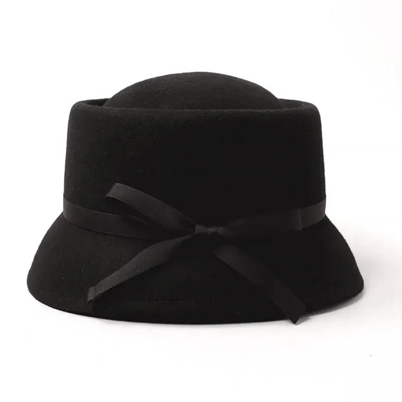 Wool Felt Cloche Winter Hat Women Asymmetric Brim Ribbon Fedora Hat Lady Church Derby Party Fashion Collapsible Warm Hat 240126