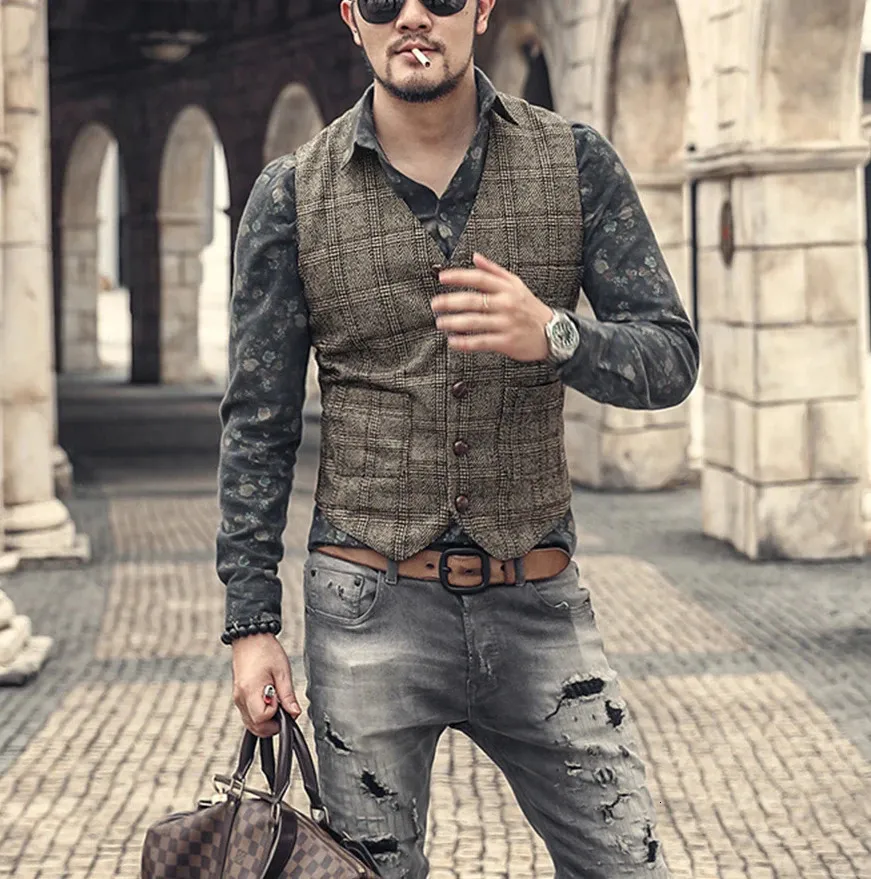 Gilet de costume à carreaux argentés pour hommes, en laine Tweed, décontracté, coupe cintrée, formel, pour garçons d'honneur, mariage, 240127