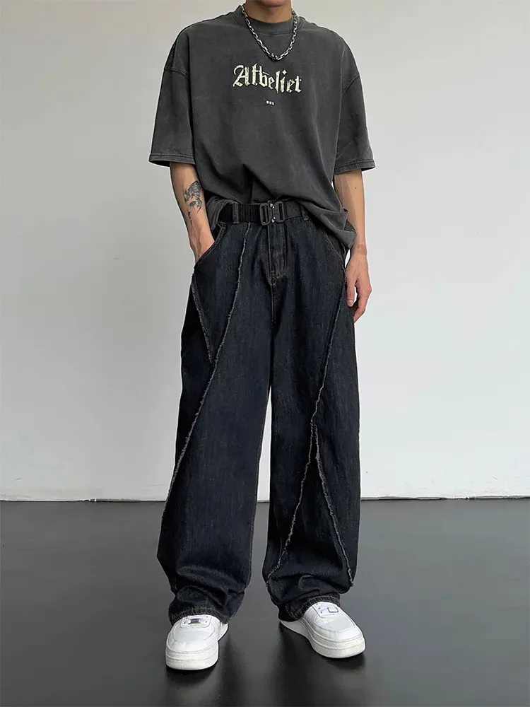 Erkekler hip hop düz kot pantolon bahar ve sonbahar yırtık patchwork denim erkek gevşek moda trend sokak kıyafetleri pantolon 240122