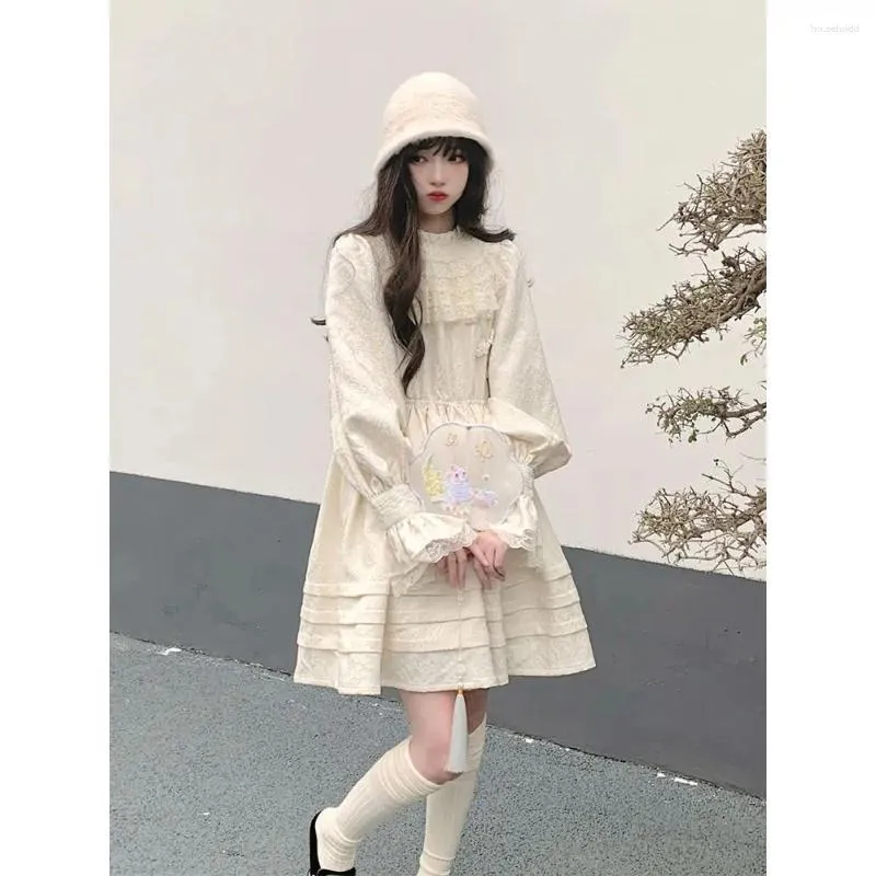 Work Dresses Xgoth 2024 Spring Japanese Preppy Dress Fairy Style Splicing Bow O-neck Long Sleeve Lace Robe Vintage White Birthday Party