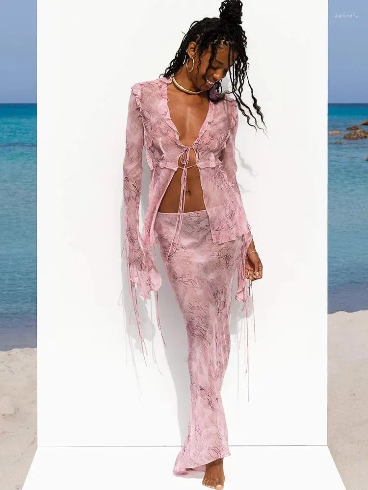 Women's Swimwear 2024 Y2K Style Two Piece Suit Sexy Front Open Wood Ear Edge Lace-up Printed Top High Waist Long Dress Bikini Cover Ups