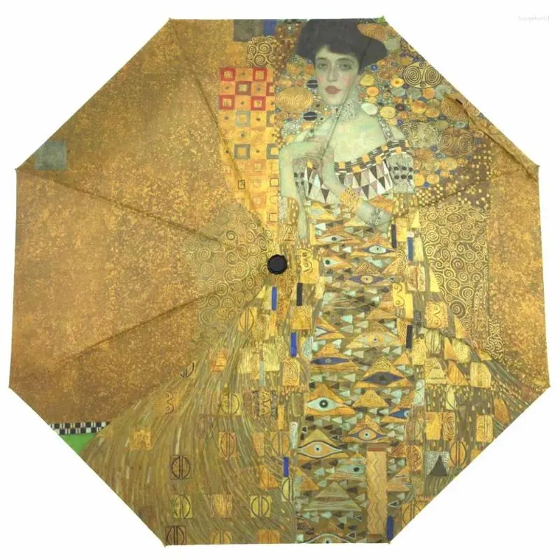 Umbrellas Fully Automatic Women Rain Umbrella Gustav Klimt Oil Painting Three Folding Portable Sun Protection Parasol