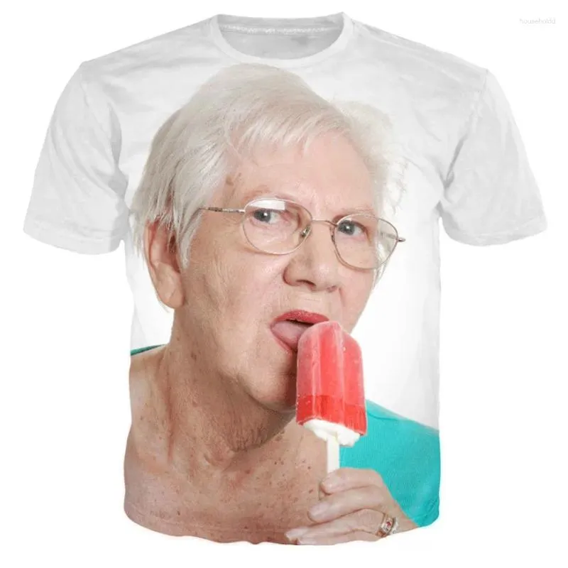 Męskie koszulki moda starszy lady lizanie czerwonej popsicle 3D T-shirt kawaii babcia zabawna nona koszula swobodne topy 6xl