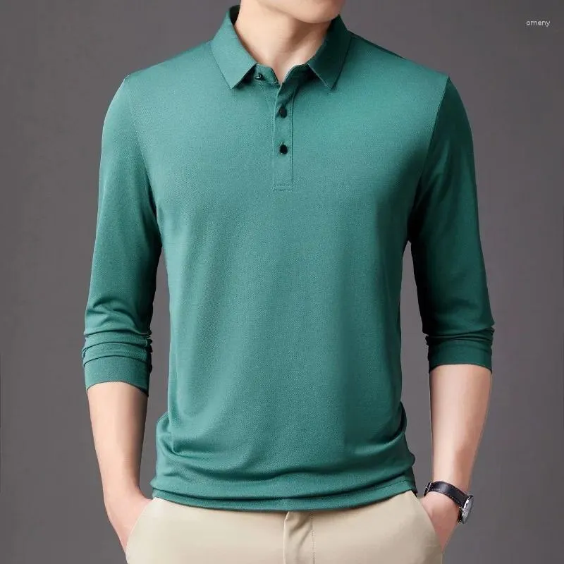 Erkek Polos İlkbahar ve Sonbahar Düz Renk Kazak Yaka Düğmesi Polo Gevşek Uyum Uzun Kollu T-Shirt Moda Kozmetik Günlük Toplar