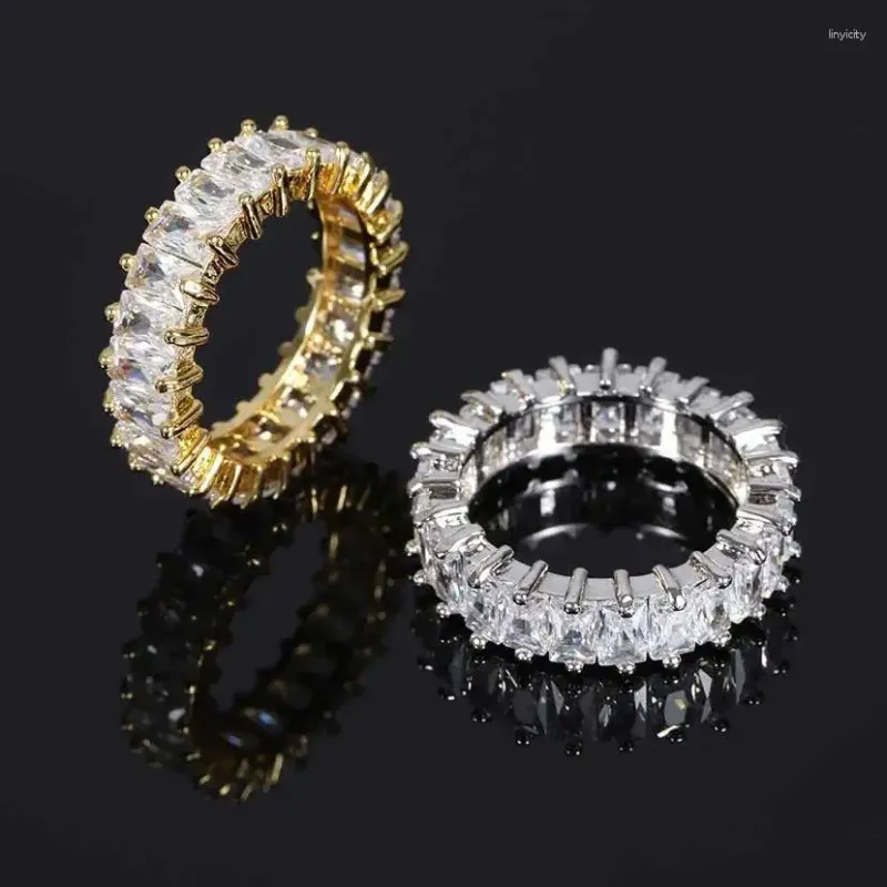 Anelli a grappolo 6mm Anello Eternity Fedi nuziali Placcato in oro bianco 18 carati Taglio smeraldo Cubic Zirconia realizzato Baguette CZ Pietra per uomo Donna