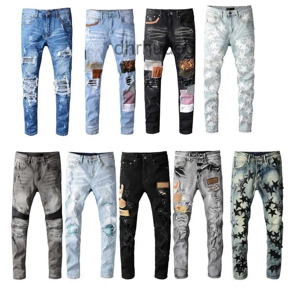 Mens Jeans Pants Hip-Hop High Street Fashion Märke Retro riven Fold Stitching Designer Motorcykel Riding Slim Pants Jeans Size 28 ~ 40 2C9I