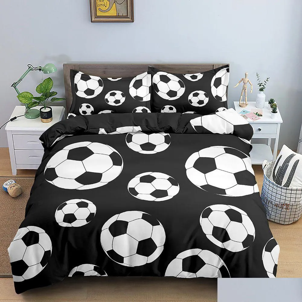 Conjuntos de cama 3D Futebol Duvet Er Double Queen Fl Set 2/3 Pcs Quilt com Fecho de Zíper King Size Poliéster Consolador Drop Delivery H DHSZX