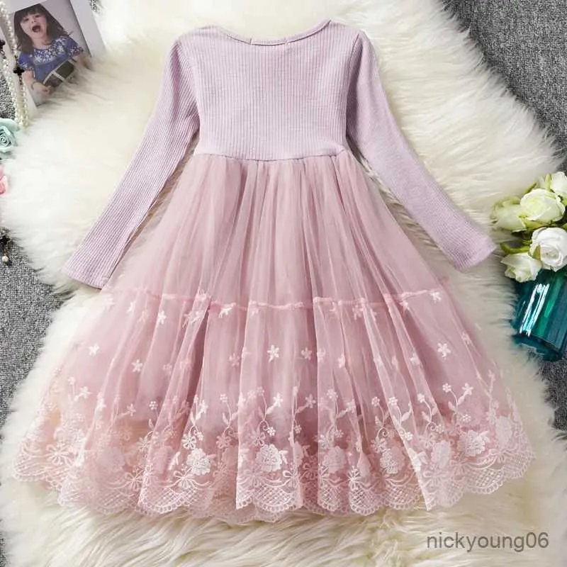 Flickans klänningar 3-8 år Flicka Autumn/Winter Dress Spets Floral Sticking Full Sleeve Clothes For Little Girls Birthday Party Tulle Dresses
