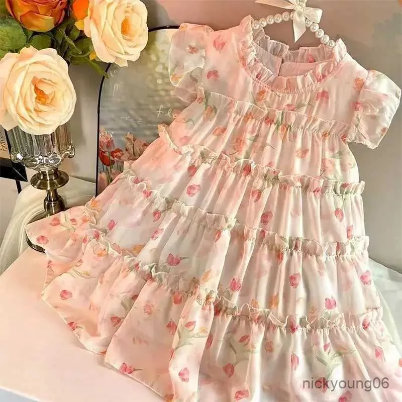 Meisjesjurken Babymeisjes Chiffon Bloemenjurk Zomer Mouwloze Jurken 2023 Nieuwe kindermeisjesprinsesjurk