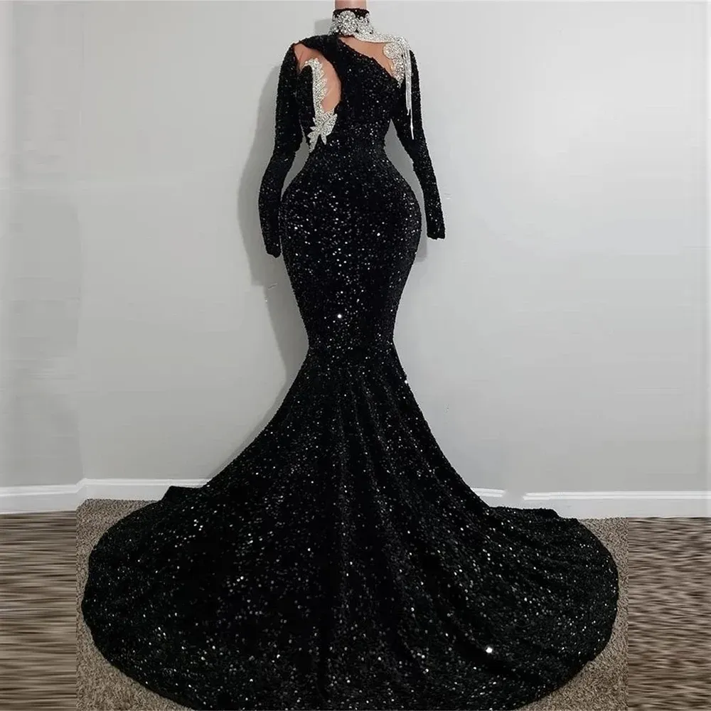 Sparkly Black paljetter Mermaid Prom Dresses Vintage Long Sleeve See Throw Through Crystal Beaded High Neck aftonklänningar Vestidos de