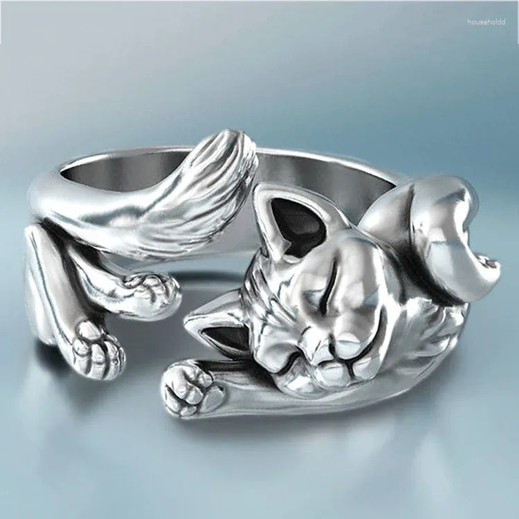 Cluster Rings Cute Kitten Open Ring 925 Silver Retro Black Cat Totem Ornament