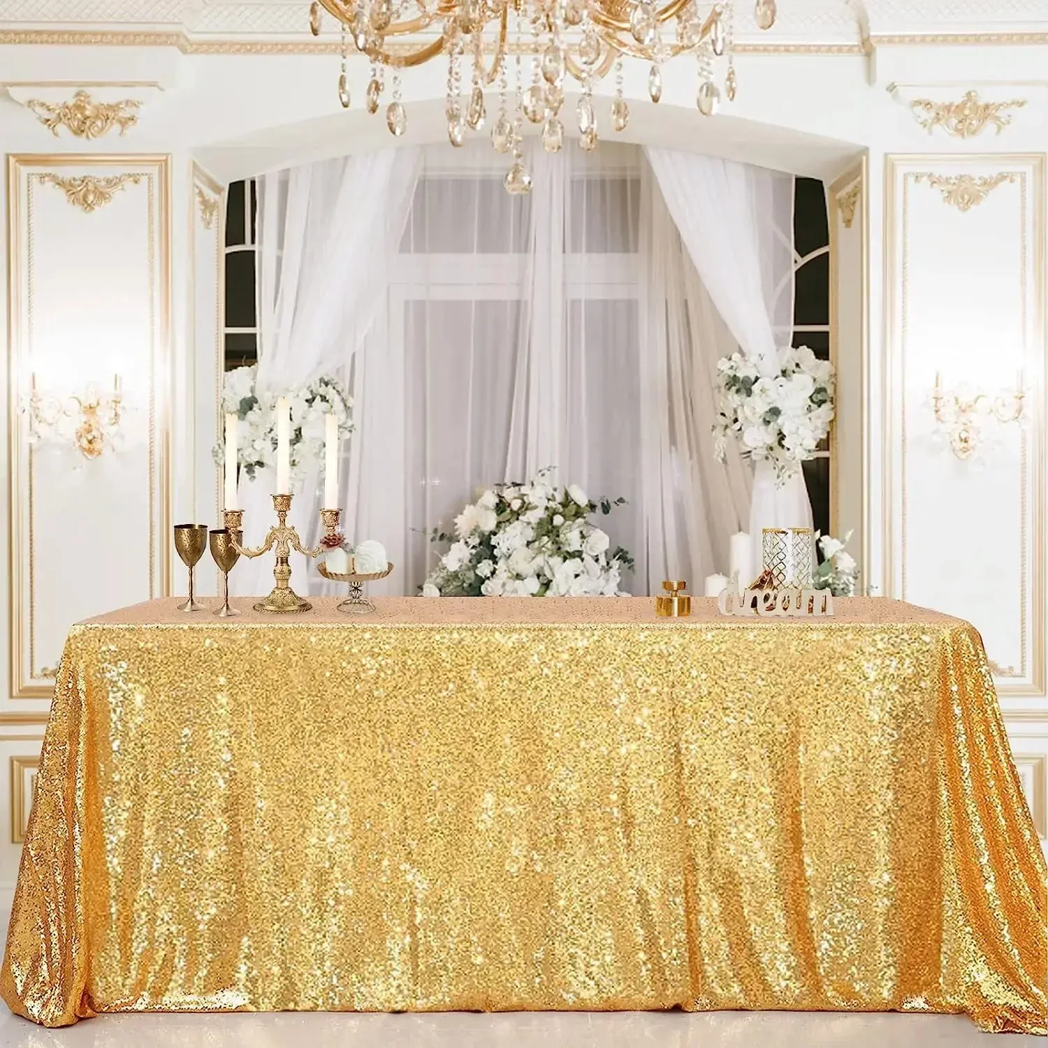 Tovaglia con paillettes glitterata Tovaglia rettangolare Tovaglia in oro rosa per la decorazione della casa della festa di compleanno di nozze Formato personalizzato 240131