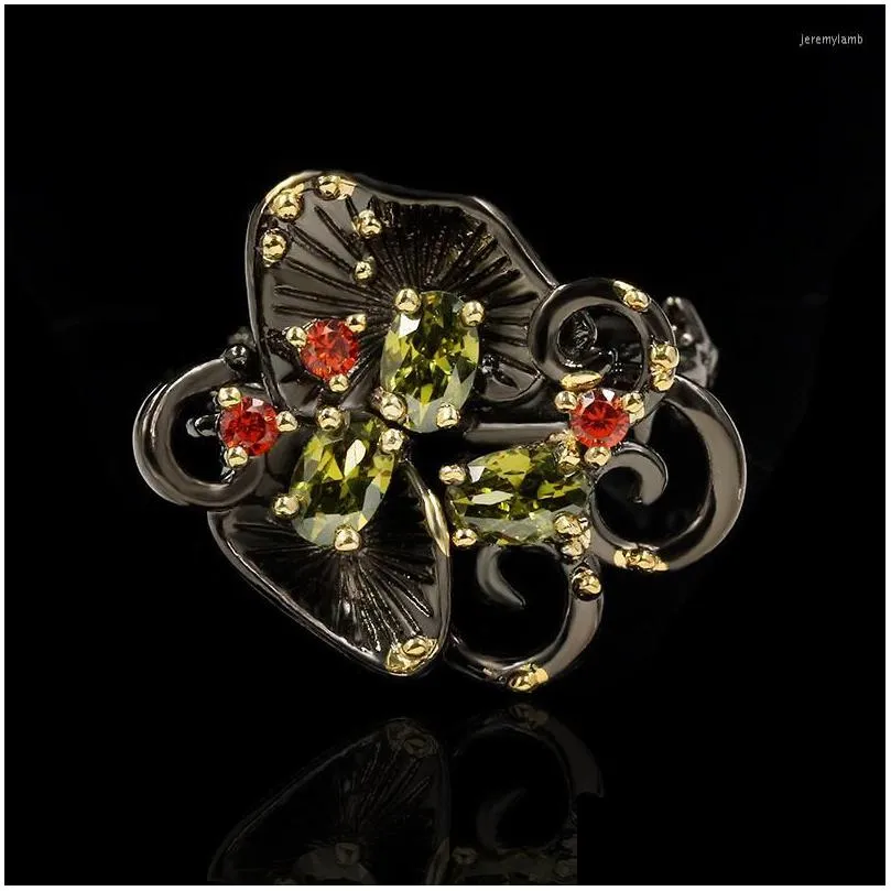 Anneaux de cluster Cizeva Noble Fleur élégante Black Gold Mariage Rétro Relief Orc Inlay Zircon Cocktail Drop Livraison Dhmla