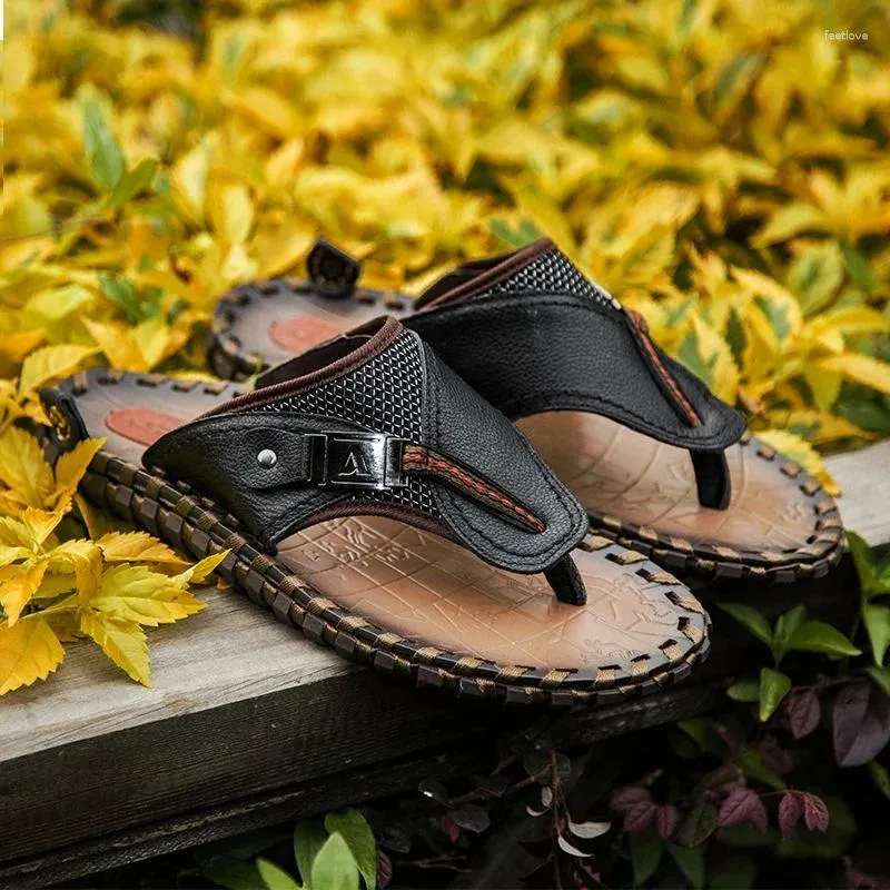 Slippers Men Leather Sandals Handmade Shoes Casual Beach Summer Anti-slip Flip Flops Outdoor Flat