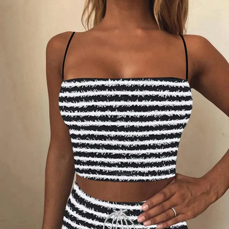 Tanks Femmes Sexy Noir Et Blanc Rayé Crop Tops Femmes Dos Nu Printemps Débardeur Sans Manches Corset Camisole Féminine Recadrée Streetwear