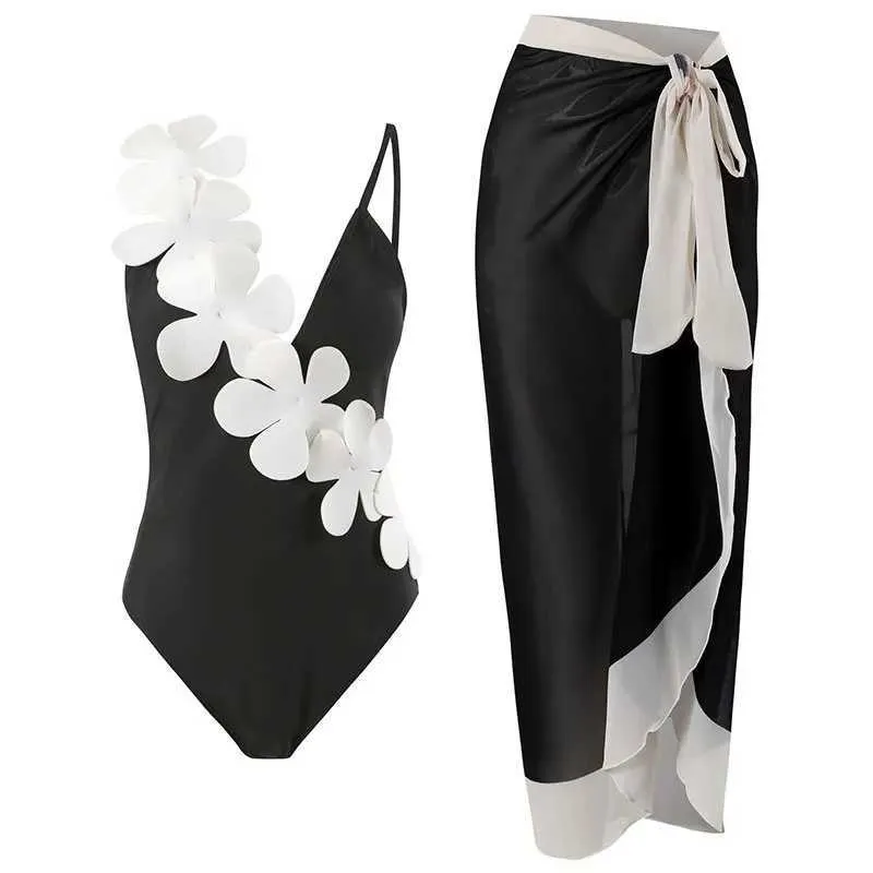 Women's Swimwear White Flower Swimsuit Women 2023 High Waist Skirt Bikini Black 3 Piece Monokini Brazilian Conservative Bathing Suit Swimwear QJY J240131