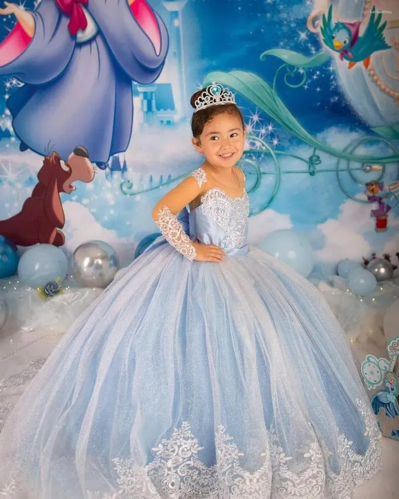 Vestidos bonitos da menina de flor princesa uma linha ilusão manga longa apliques renda cetim espumante fofo tule menina pageat vestidos da criança formal festa de aniversário usa