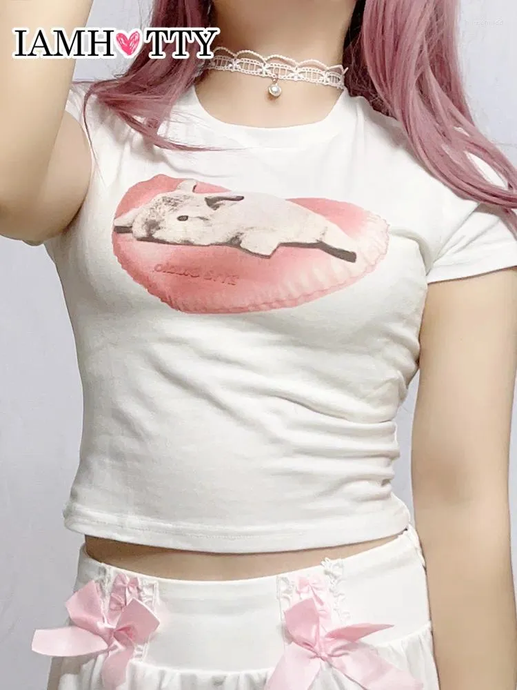 T-shirts Femmes Iamty Lolita Style Sweet Cartoon Lapin Imprimer Crop Top Y2K Coquette Esthétique T-shirts à manches courtes Harajuku Coton mignon