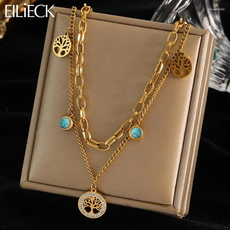 Pendant Necklaces EILIECK 316L Stainless Steel Round Tree Of Life Necklace For Women Gold Color Multi-layer Chains Jewelry Accessories