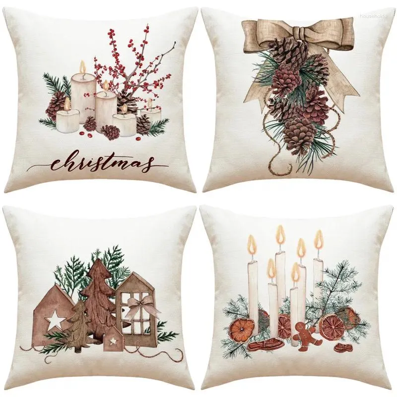 Pillow Christmas Cover Pinecone Candlestick Linen Print Pillowcase For Sofa Living Room Bedroom Home Decor