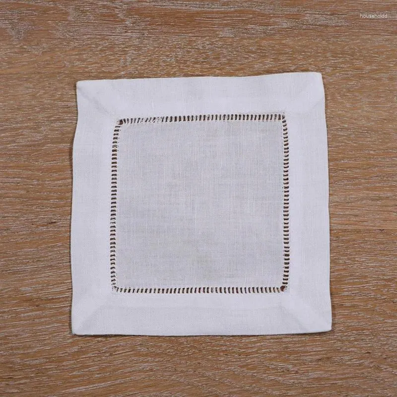 Serviette de table N002-6/4 : 12 pièces de serviettes de cocktail en lin blanc et coton ajouré 6" X 6"/ 4" sous-verres en tissu à ourlet échelle