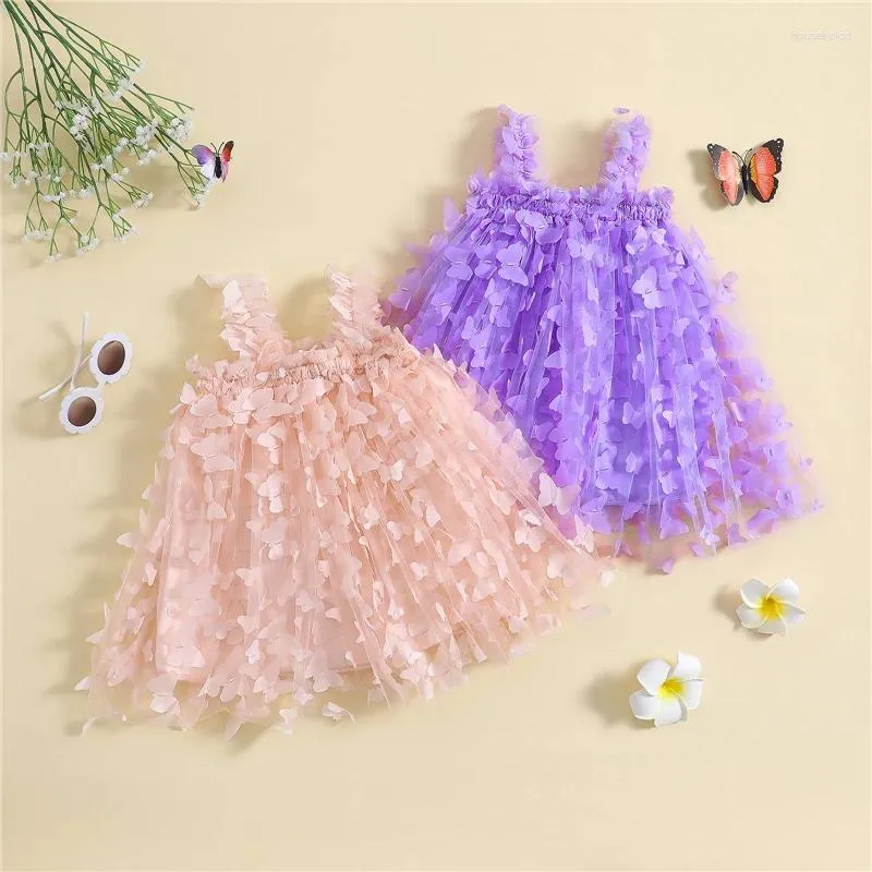Robe d'été pour petites filles, motif papillon 3D, couleur unie, sans manches, écharpe, douce et décontractée, princesse