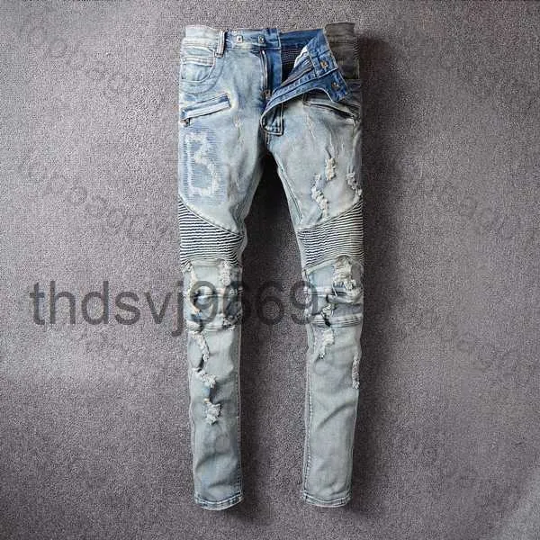 Heren Jeans Verontruste Motorcycle Biker Jean Rock Skinny Slim Gescheurd Gat Brief Kwaliteit Merk Hip Hop Denim Broek 21ss UUL6