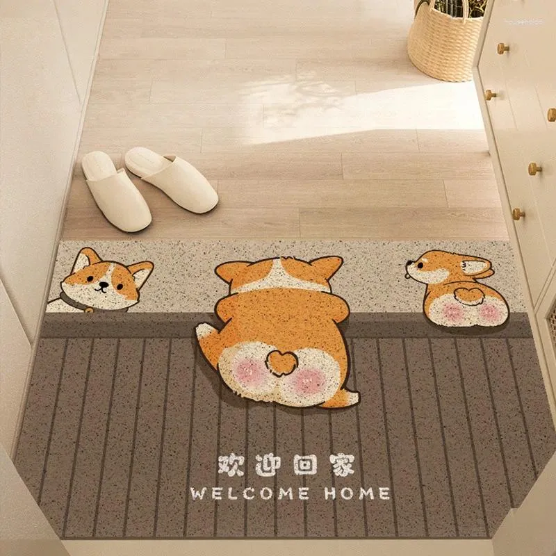 Tapis de sol d'entrée de maison d'animal de dessin animé, PVC, résistant à la saleté et antidérapant, anneau en soie découpé