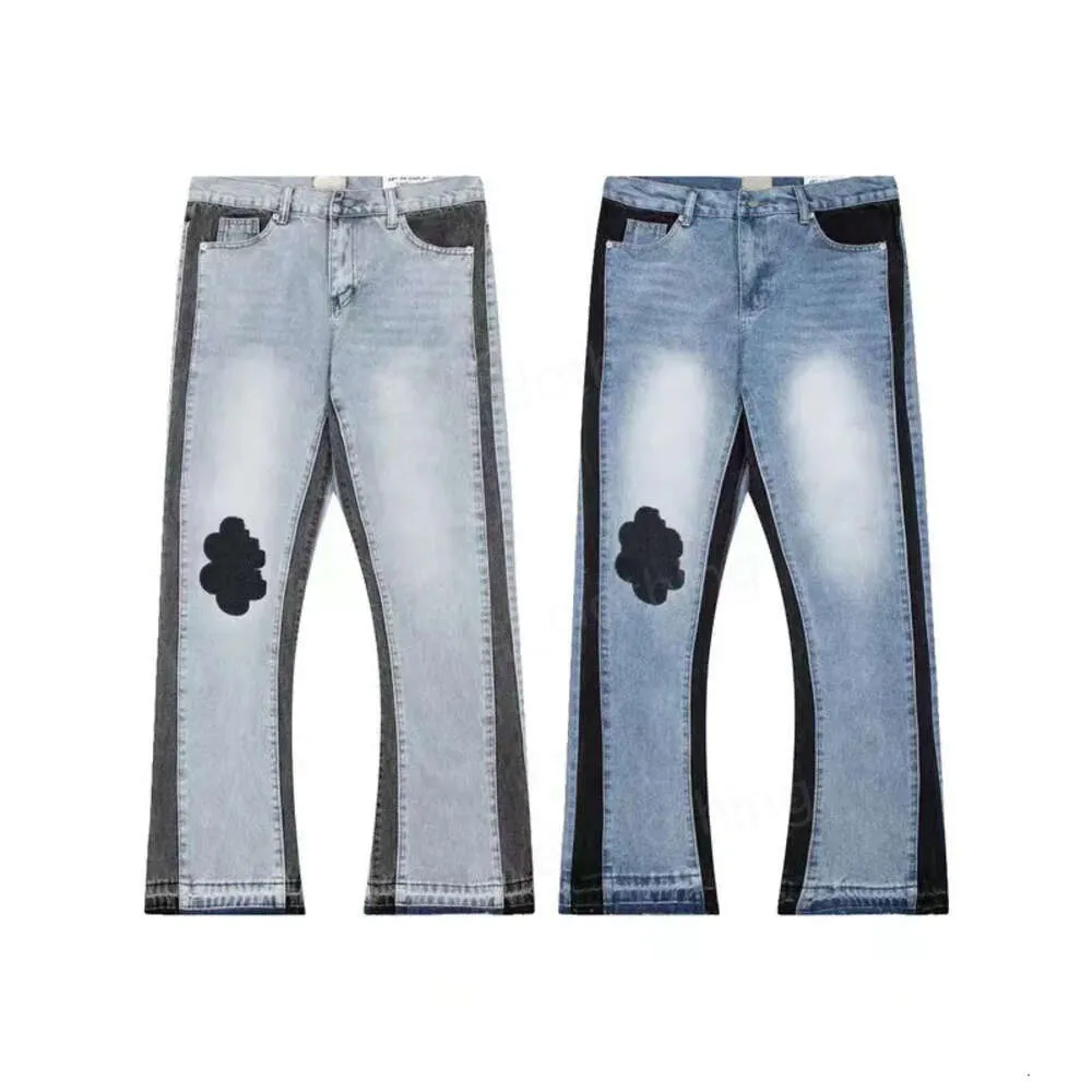 Trendige High Street Herrenmode-Designer-Jeans, blaue Denim-Schlaghose, Jugend-Niet-Druck-Patch, weiße Jean-Stickerei, Jungen-Kecks