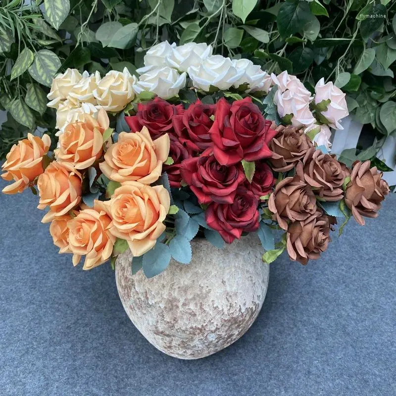 Decorative Flowers 9roses/bunch Aritificial Rose Small Living Room Decoration Simulated Dry Flower Dining Table Home