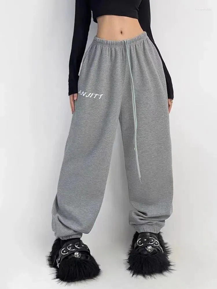 Damenhosen HOUZHOU Hippie Graue Jogging-Jogginghose Frauen Kpop Y2K Harajuku Streetwear Übergroße Sportbahn Kordelzug Baggy-Hose